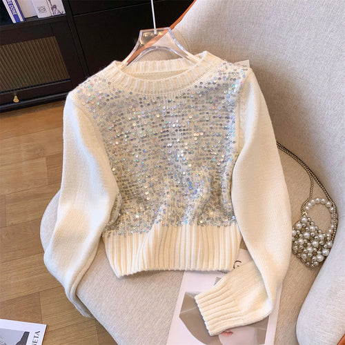 Load image into Gallery viewer, Women Sweet Sequins Short Sweater Casual Autumn Winter Basics Knitted Korean Loose O-neck Long Sleeve Elegance Pullover Tops New
