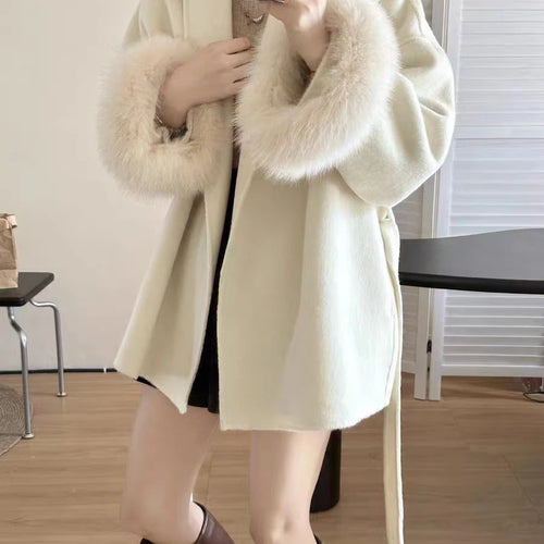 Load image into Gallery viewer, Solid Luxury Style Coats For Women Lapel Long Sleeve Patchwork Sashes Feathers Fashion Loose Jacket Female Winter
