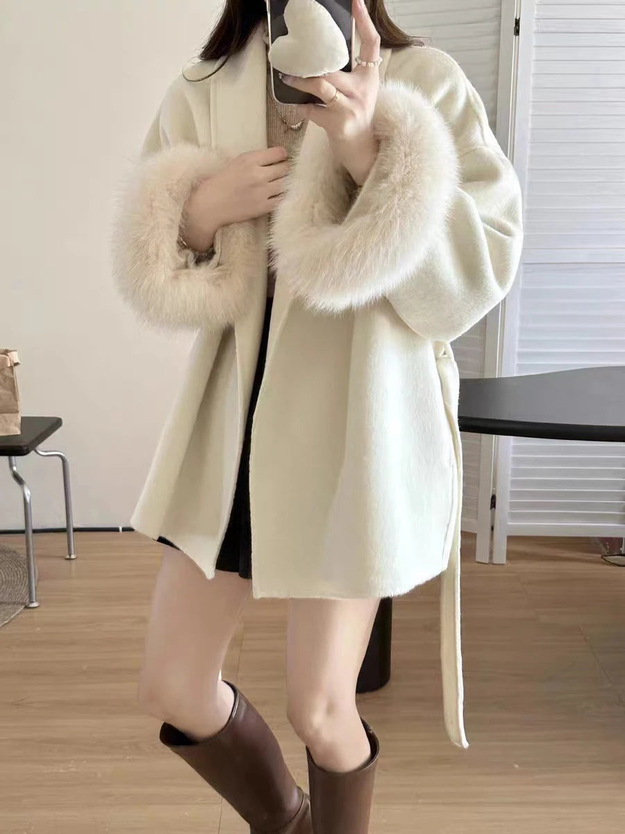 Solid Luxury Style Coats For Women Lapel Long Sleeve Patchwork Sashes Feathers Fashion Loose Jacket Female Winter