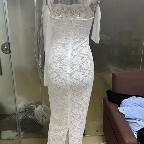 Load image into Gallery viewer, Lace See Through Sexy Midi Dress For Women Fashion Off-shoulder Strapless Sleeveless Backless Bodycon Club Party Dress
