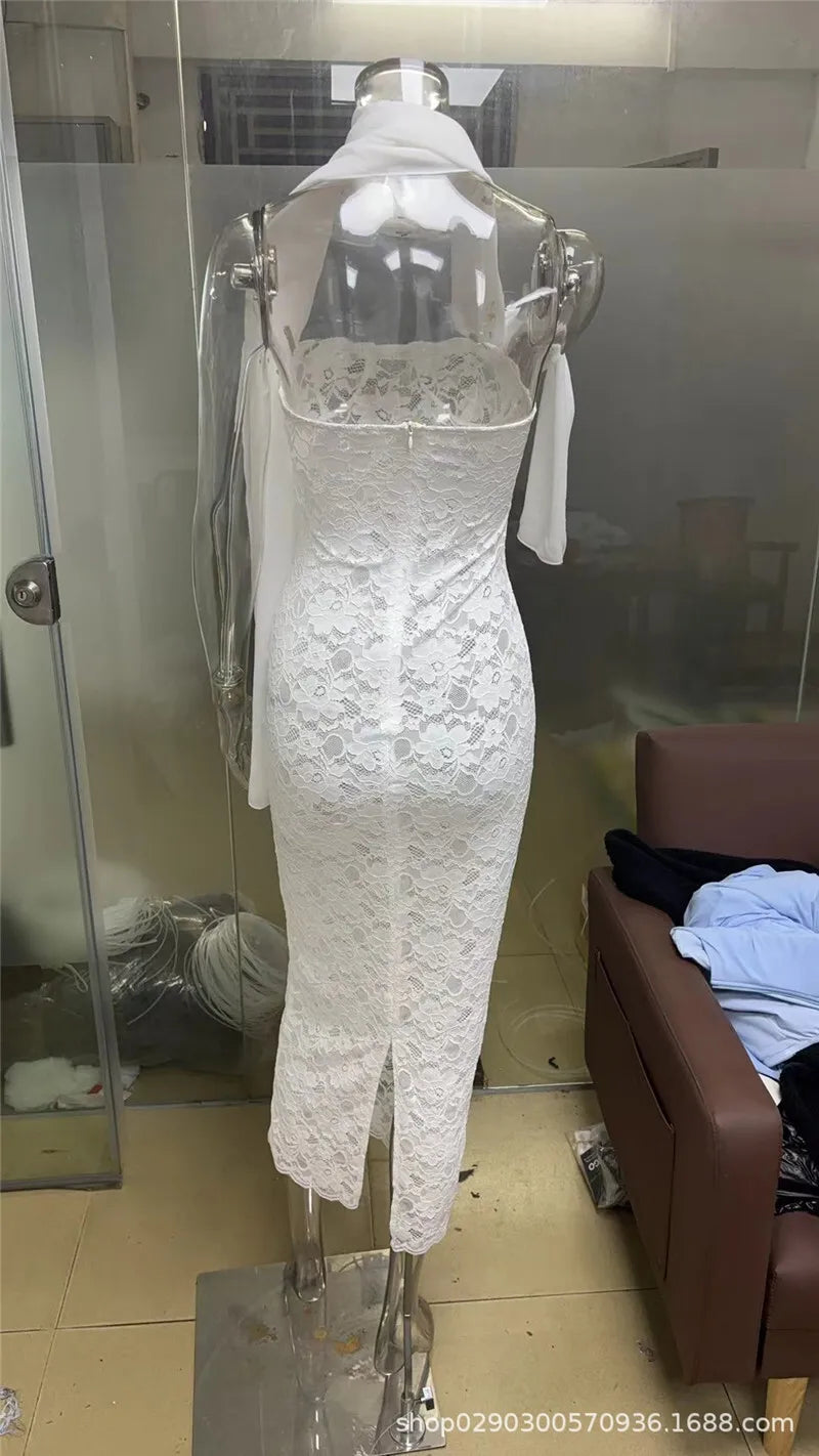 Lace See Through Sexy Midi Dress For Women Fashion Off-shoulder Strapless Sleeveless Backless Bodycon Club Party Dress