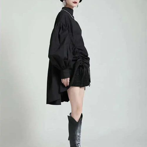 Load image into Gallery viewer, Women Balck Irregular Drawstring Big Size Dress New Stand Collar Long Sleeve Loose Fit Fashion Spring Autumn 2025 1Z18901
