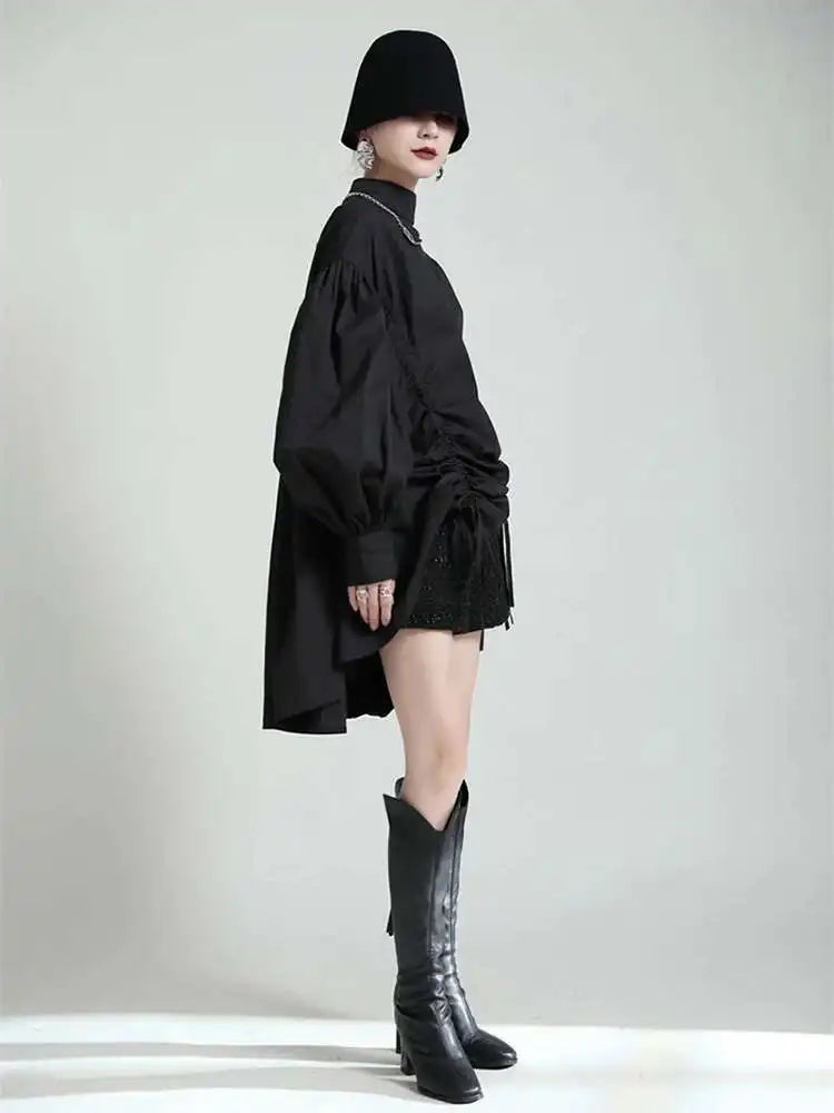 Women Balck Irregular Drawstring Big Size Dress New Stand Collar Long Sleeve Loose Fit Fashion Spring Autumn 2025 1Z18901
