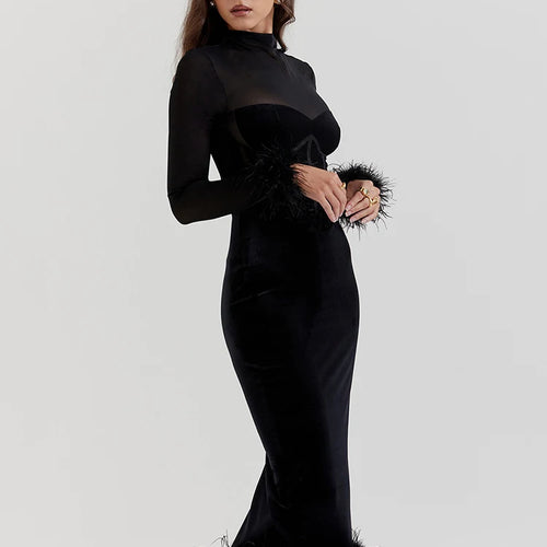 Load image into Gallery viewer, Elegant Feather Sexy Midi Dress For Women Black Fashion Sheer Long Sleeve Backless Bodycon Club Party Long Dress
