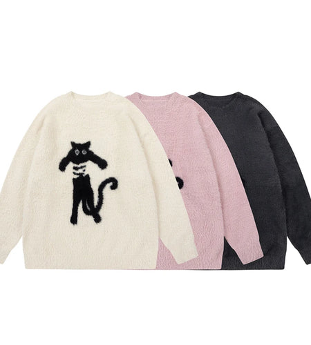 Loose Men's Sweater Spring New Cat Printing Mohair Round Neck Pullover Sweaters Trendy American Style Clothing 9W1466