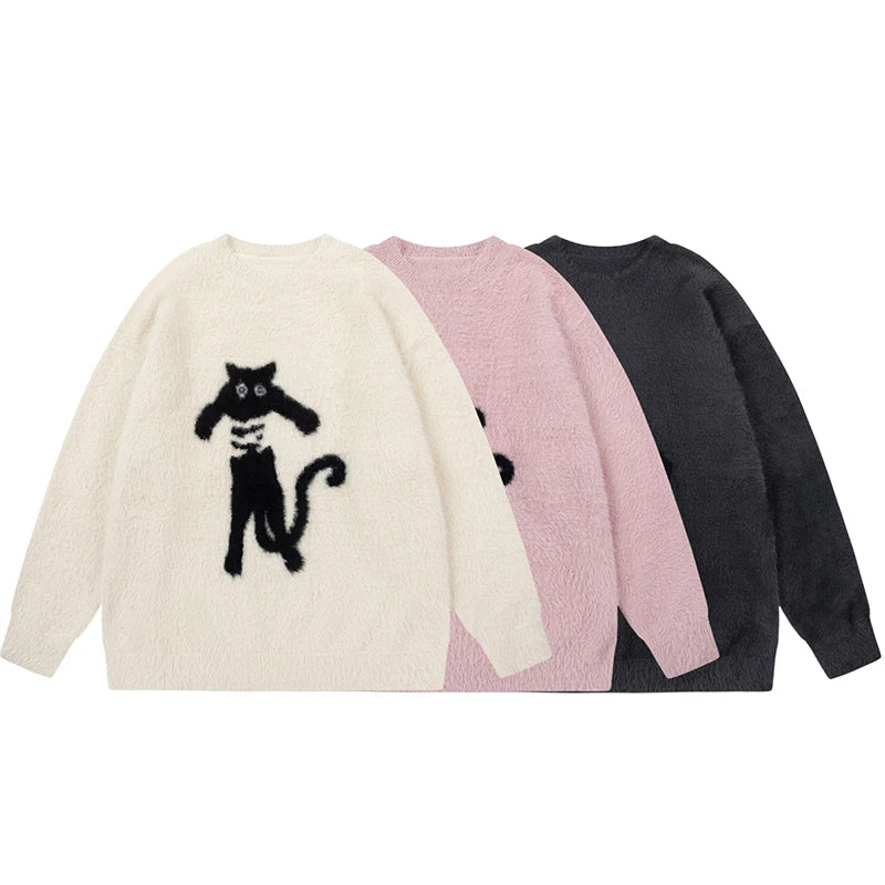 Loose Men's Sweater Spring New Cat Printing Mohair Round Neck Pullover Sweaters Trendy American Style Clothing 9W1466