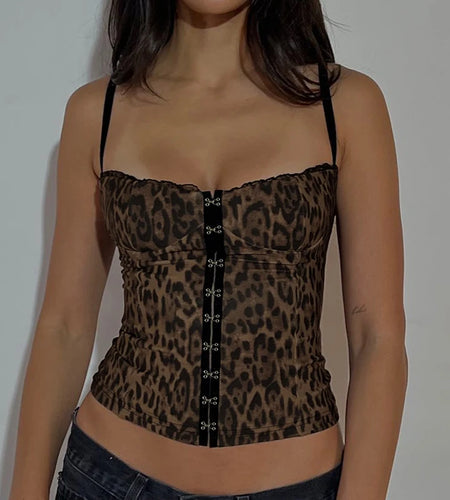 Sexy Leopard Printed Hooks Camis Women's Summer Skinny Mini Cropped Tops Vintage Mesh Patchwork Outfits Sexy Party