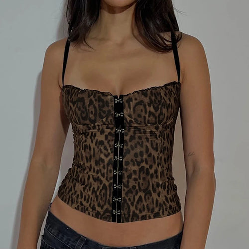 Load image into Gallery viewer, Sexy Leopard Printed Hooks Camis Women's Summer Skinny Mini Cropped Tops Vintage Mesh Patchwork Outfits Sexy Party
