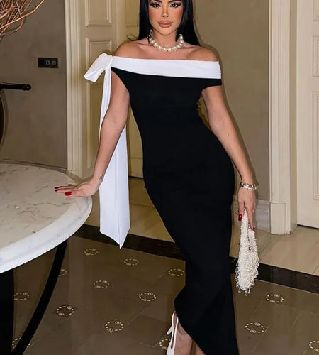 Sleeveless Ribbon Off-shoulder Solid Sexy Autumn Winter Maxi Dress For Women High Waist Bow Bodycon Party Long Dress