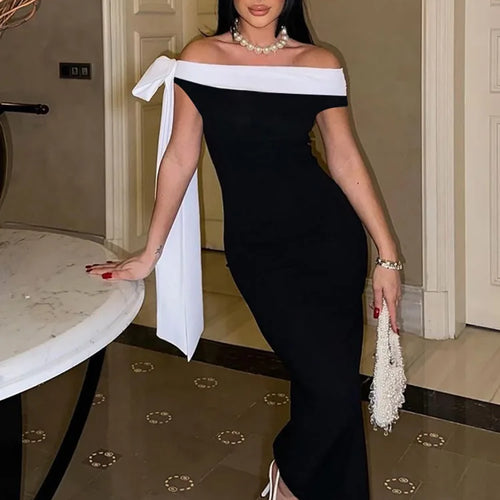 Load image into Gallery viewer, Sleeveless Ribbon Off-shoulder Solid Sexy Autumn Winter Maxi Dress For Women High Waist Bow Bodycon Party Long Dress
