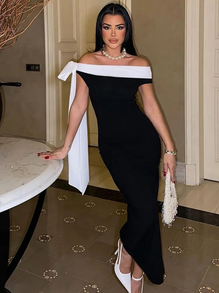 Sleeveless Ribbon Off-shoulder Solid Sexy Autumn Winter Maxi Dress For Women High Waist Bow Bodycon Party Long Dress
