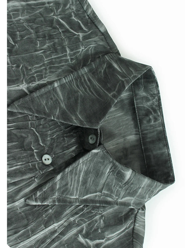 Women Dark Gray Tie Dye Irregular Big Size Blouse New Lapel Long Sleeve Shirt Fashion Tide Spring Autumn 2025 1DH9659