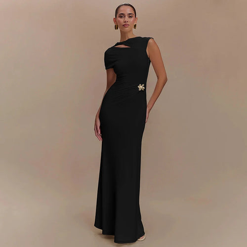 Load image into Gallery viewer, Hollow Out Backless Sexy Maxi Dress For Women Fashion Metal Buckle Solid Short Sleeve High Waist Slim Fit Long Dress
