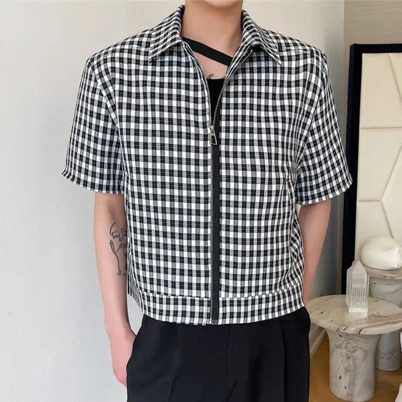 Male Plaid Short Jacket Detachable Sleeves Design Turn-down Collar Spring Male Clothing Korean New Fashion Tide 9W1277