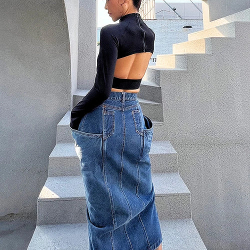 Load image into Gallery viewer, Streetwear Denim Skirt For Women High Waist Slim Patchwork Pockets Split Thigh Midi Skirts Female Spring Fashion Style
