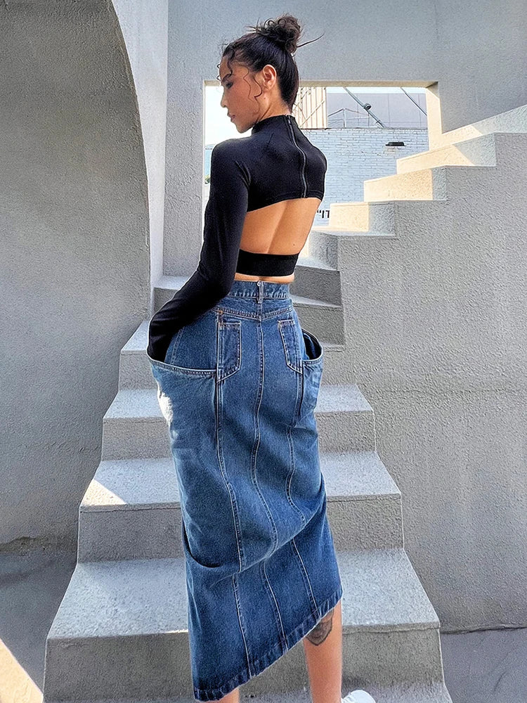 Streetwear Denim Skirt For Women High Waist Slim Patchwork Pockets Split Thigh Midi Skirts Female Spring Fashion Style