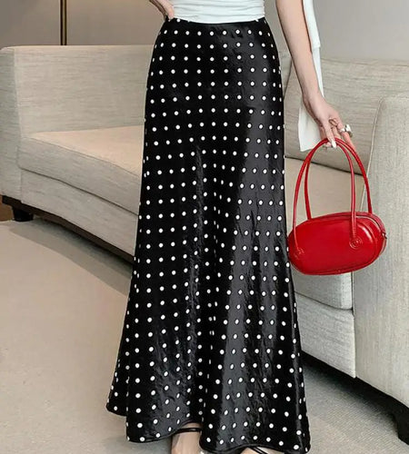 Spring Summer Black Beige Dot Elegant Long Skirt For Women Khaki High Waisted New Korean Fashion Office Lady Fishtail Skirt Chic