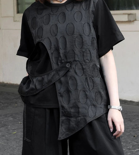 Women Black Dot Irregular Big Size Casual T-shirt New Round Neck Short Sleeve Fashion Tide Spring Summer 2025 1DJ0947