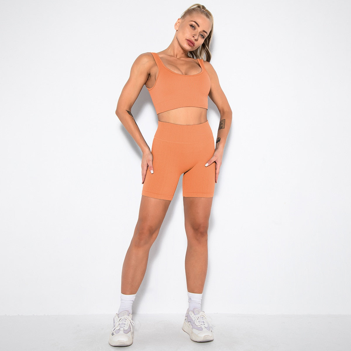Seamless Yoga Sets Womens 2 Piece Sports Bra Fitness Shorts Workout Set Crop Top Leggings Active Wear Tracksuit Gym Suit Clothes