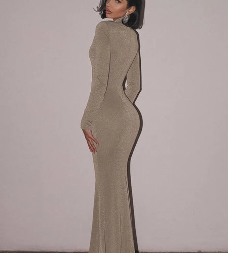 Elegant Long Sleeved Tight Hollow Out Shiny Bodycon Party Club Evening Dress 2025 Spring New Sexy Fishtail Vestidos