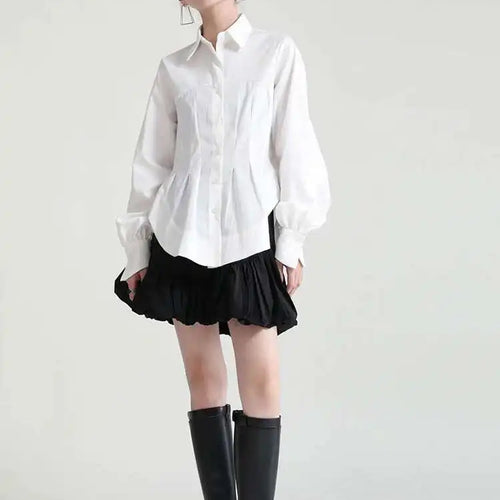 Load image into Gallery viewer, Women White Pleated Round Hem Blouse New Lapel Long Lantern Sleeve Loose Fit Shirt Fashion Tide Spring Autumn 2025 1T156
