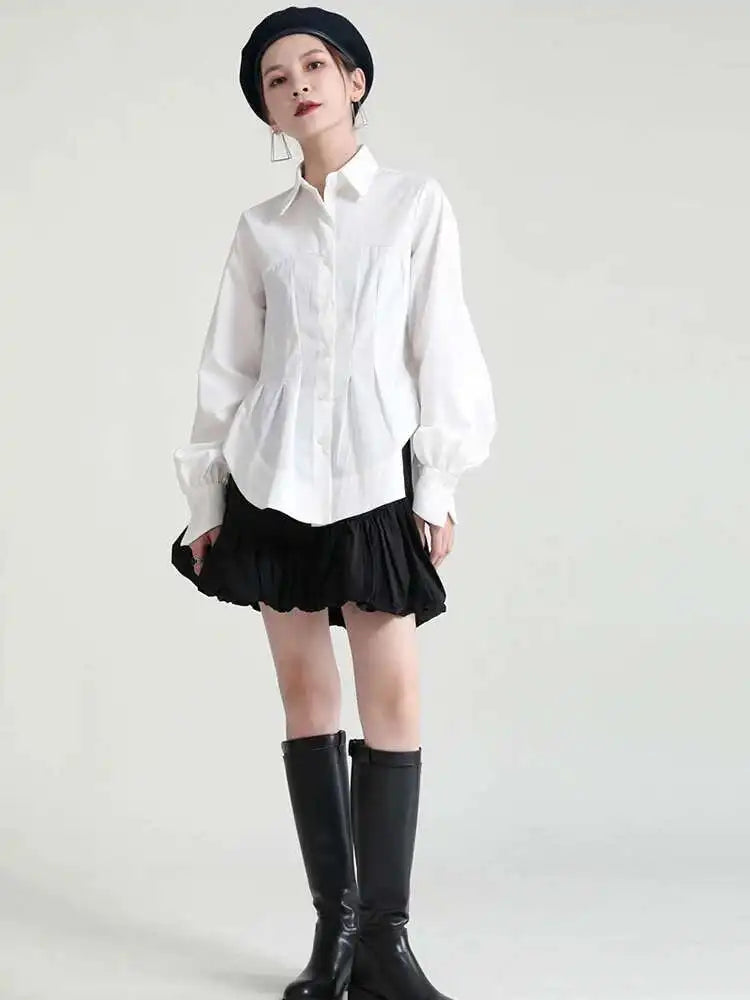 Women White Pleated Round Hem Blouse New Lapel Long Lantern Sleeve Loose Fit Shirt Fashion Tide Spring Autumn 2025 1T156