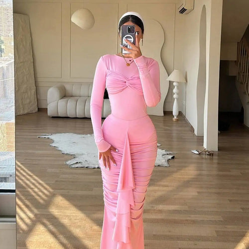 Load image into Gallery viewer, Elegant Long Sleeved Elastic Tight Pleated Party Club Evening Dress Women Fashion Maxi Vestido Autumn Winter New Female
