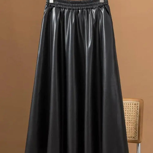 Load image into Gallery viewer, Women Brown Faux Leather Long Skirt 2023 Autumn Winter Black Vintage A Line Elastic High Waist Pu Skirts Female Oversized French
