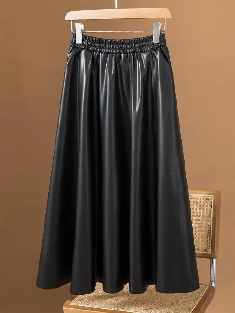 Women Brown Faux Leather Long Skirt 2023 Autumn Winter Black Vintage A Line Elastic High Waist Pu Skirts Female Oversized French