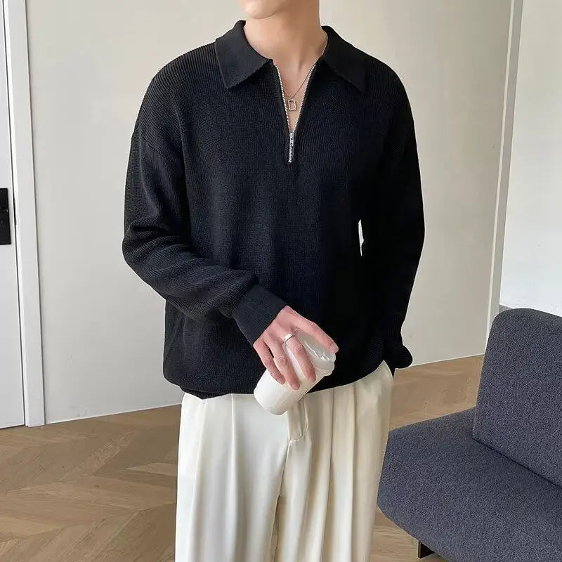 Men's Half Zip Sweater New Trendy Men's Spring Autumn Korean Style Casual Turn-down Collar Solid Color Sweaters 9W1216