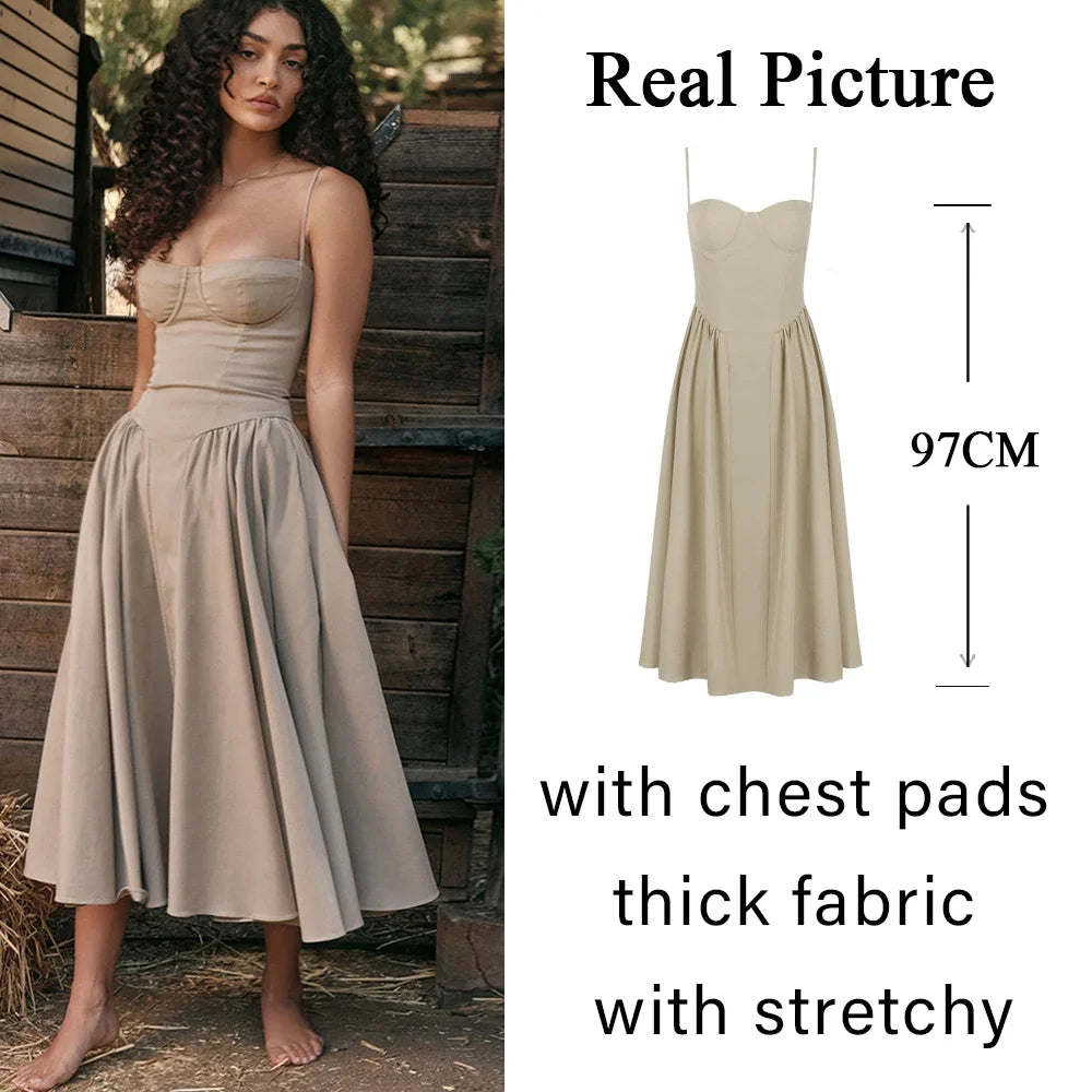 Summer Elegant Midi Spaghetti Strap Dresses Slim V Neck A Line Party Dress Khaki Casual Dress Women's Clothing