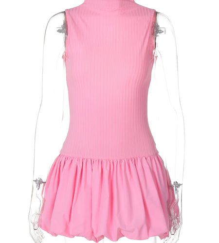 Ribbed Solid Turtleneck Sleeveless Backless Elegant Sexy Pleated Mini Dress Summer Women Outfit Birthday Party Festival