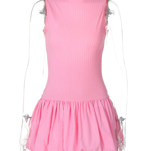 Load image into Gallery viewer, Ribbed Solid Turtleneck Sleeveless Backless Elegant Sexy Pleated Mini Dress Summer Women Outfit Birthday Party Festival
