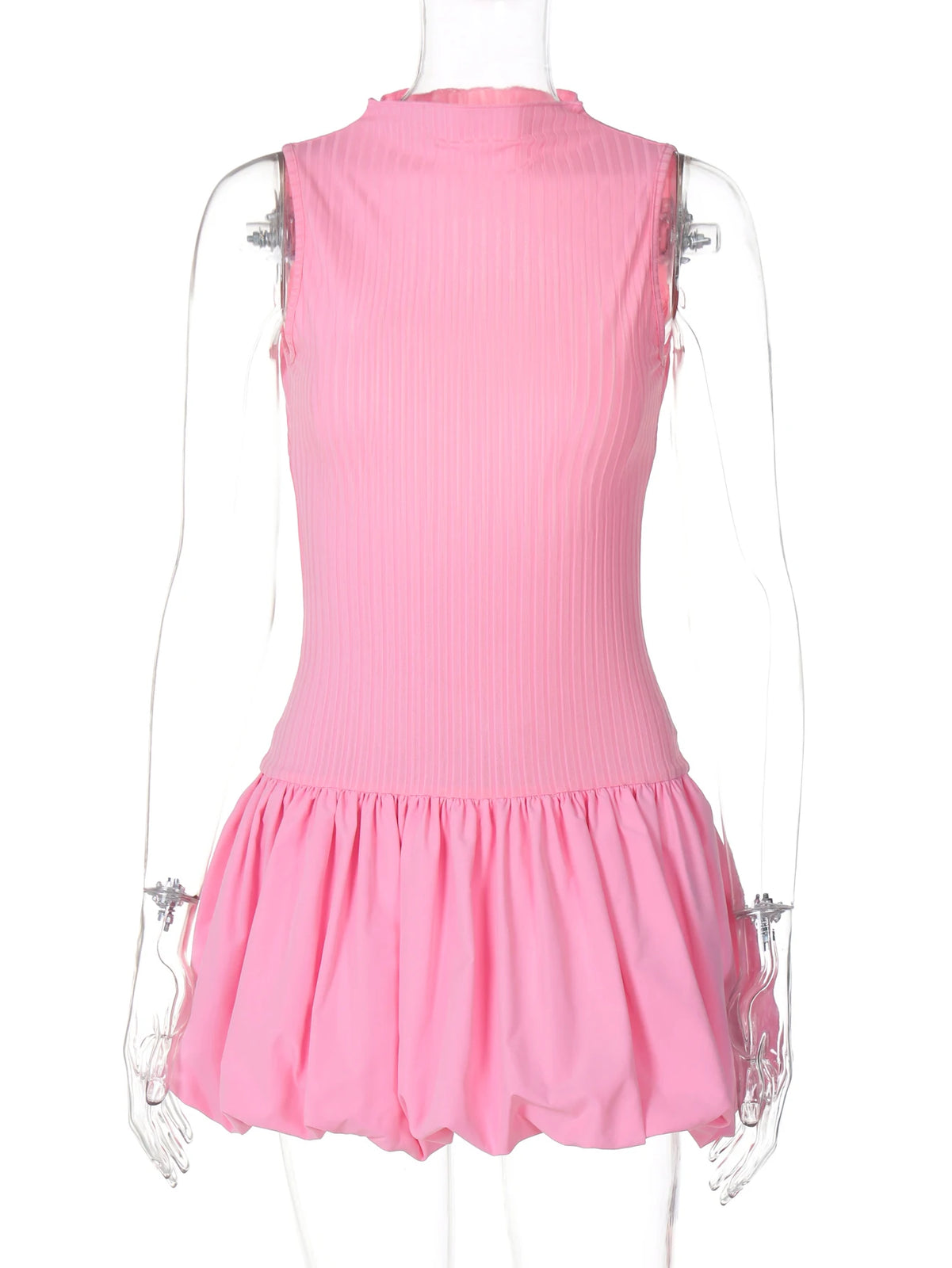 Ribbed Solid Turtleneck Sleeveless Backless Elegant Sexy Pleated Mini Dress Summer Women Outfit Birthday Party Festival