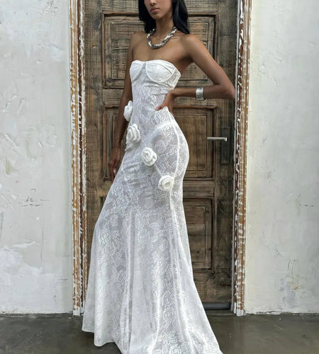 Elegant Lace Patchwork Bodycon Party Evening Dress Women Sexy Strapless 3D Flower Slim Backless Dress Autumn/winter 2025