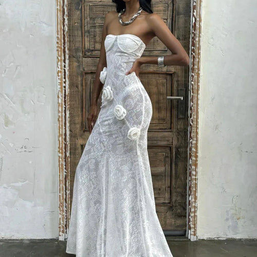 Load image into Gallery viewer, Elegant Lace Patchwork Bodycon Party Evening Dress Women Sexy Strapless 3D Flower Slim Backless Dress Autumn/winter 2025
