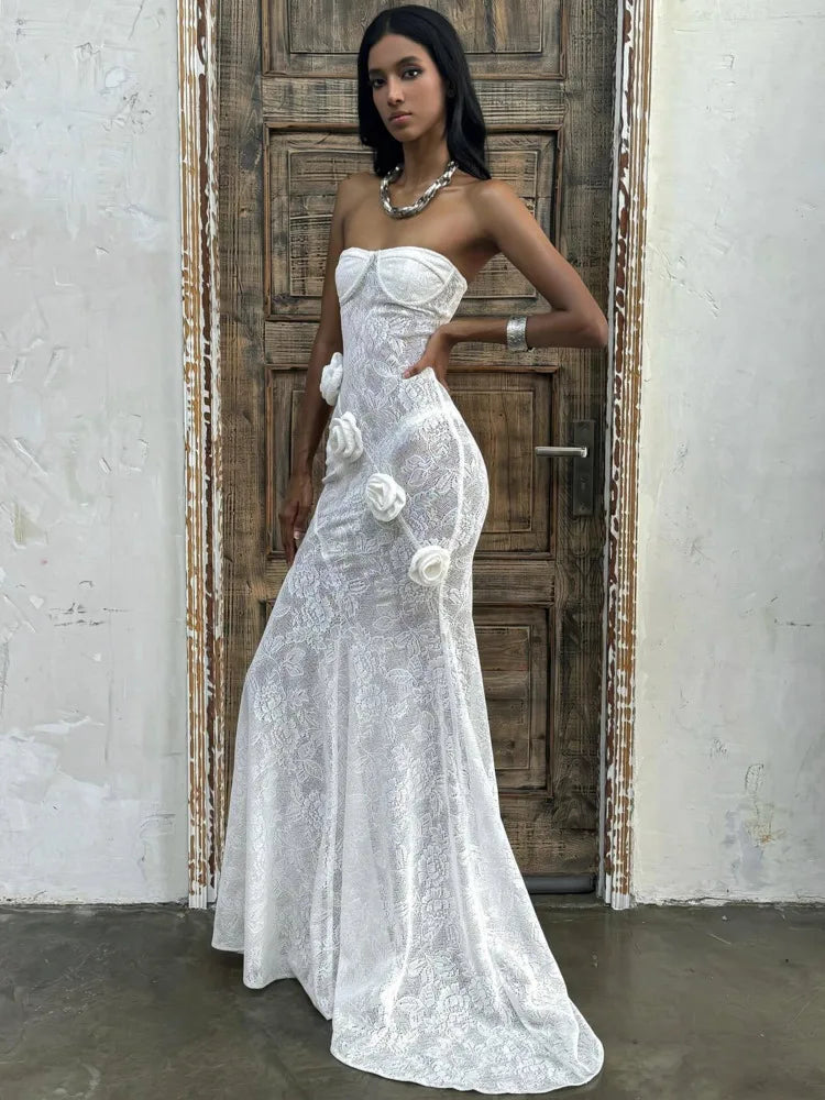 Elegant Lace Patchwork Bodycon Party Evening Dress Women Sexy Strapless 3D Flower Slim Backless Dress Autumn/winter 2025