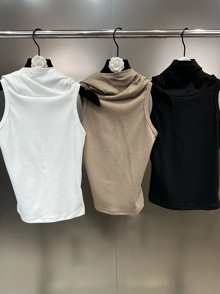 Casual Minimalist Tank Top For Women Hooded Sleeveless Tunic Slimming Solid Vest Summer Female Fashion Clothing