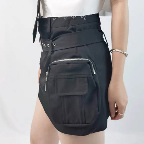 Load image into Gallery viewer, Minimalist Patchwork Belt Skirts For Women High Waist Spliced Pocket Short Length Skirt Female Fashion Clothing
