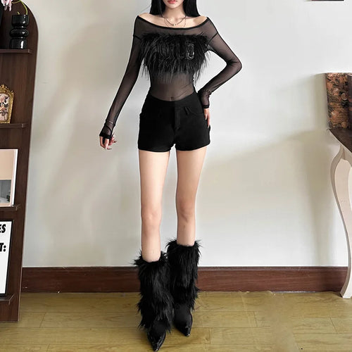 Load image into Gallery viewer, Y2k Aesthetic Vintage Fur Patchwork Tees Autumn Slim Streetwear Letter See Through Tshirts Women Harajuku Grunge Crop Mesh Tops
