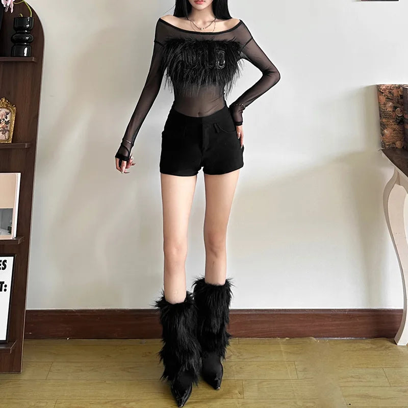 Y2k Aesthetic Vintage Fur Patchwork Tees Autumn Slim Streetwear Letter See Through Tshirts Women Harajuku Grunge Crop Mesh Tops