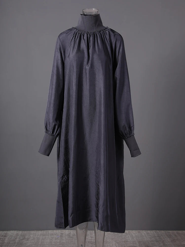 Women Gray Brief Long Big Size Elegant Dress New Turtleneck Long Sleeve Loose Fit Fashion Tide Spring Autumn 2025 1DH0252