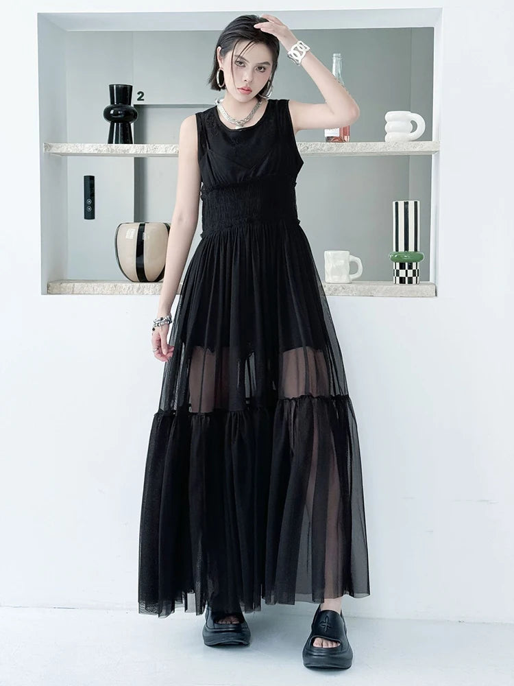 Women Black Mesh Perspective Elegant Spaghetti Strap Dress New V-Neck Sleeveless Fashion Tide Spring Summer  2025 1DJ0845