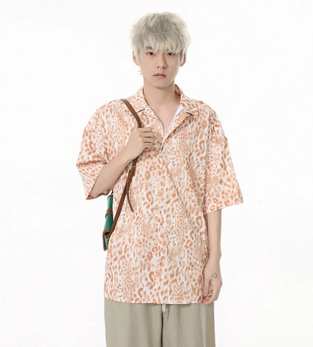 Leopard Print Men's Shirts Lapel Drape Contrast Color Short Sleeve Casual Clothing Single Breasted Loose Male Tops 9W1258