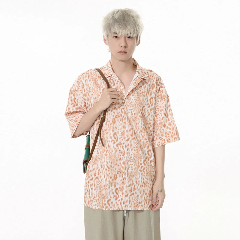 Leopard Print Men's Shirts Lapel Drape Contrast Color Short Sleeve Casual Clothing Single Breasted Loose Male Tops 9W1258
