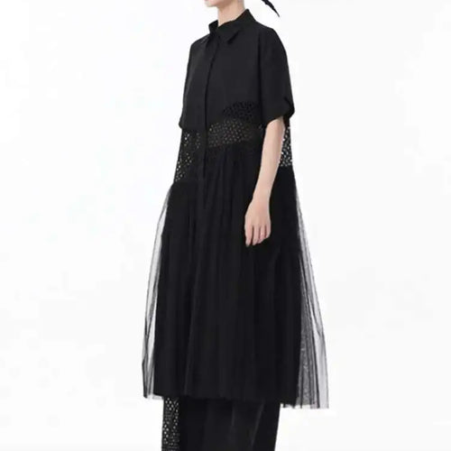 Load image into Gallery viewer, Women White Mesh Color-block Big Size Midi Shirt Dress New Lapel Short Sleeve Fashion Tide Spring Summer 2025 1DJ0045
