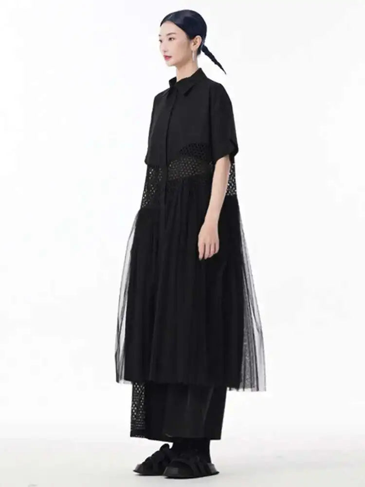 Women White Mesh Color-block Big Size Midi Shirt Dress New Lapel Short Sleeve Fashion Tide Spring Summer 2025 1DJ0045