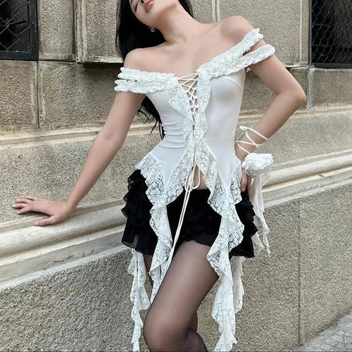 Load image into Gallery viewer, PixieKiki Lace Trim Tassel Crop Tops White Coquette Clothes Aesthetic Womens Summer Korean Fashion Shirts &amp; Blouses P33-DZ15
