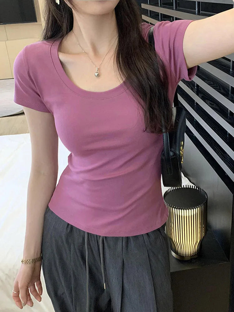 Summer Casual Cotton T Shirt For Women Short Sleeve Tshirts Fashion Womens Clothing Slim Basic O Neck Y2K Tee Shirt Femme