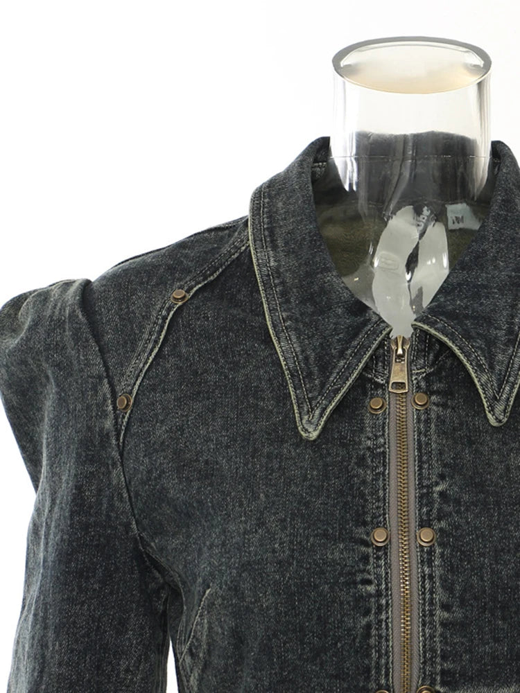 Blue Denim Irregular Hem Design Burr Slim Jacket New Lapel Long Sleeve Women Coat Fashion Tide Spring Autumn 2025 1DH5938